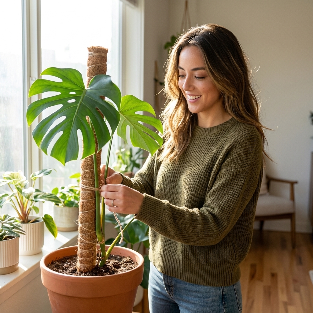 A monstera plant indoors with stems gently secured to a moss pole near a bright window
