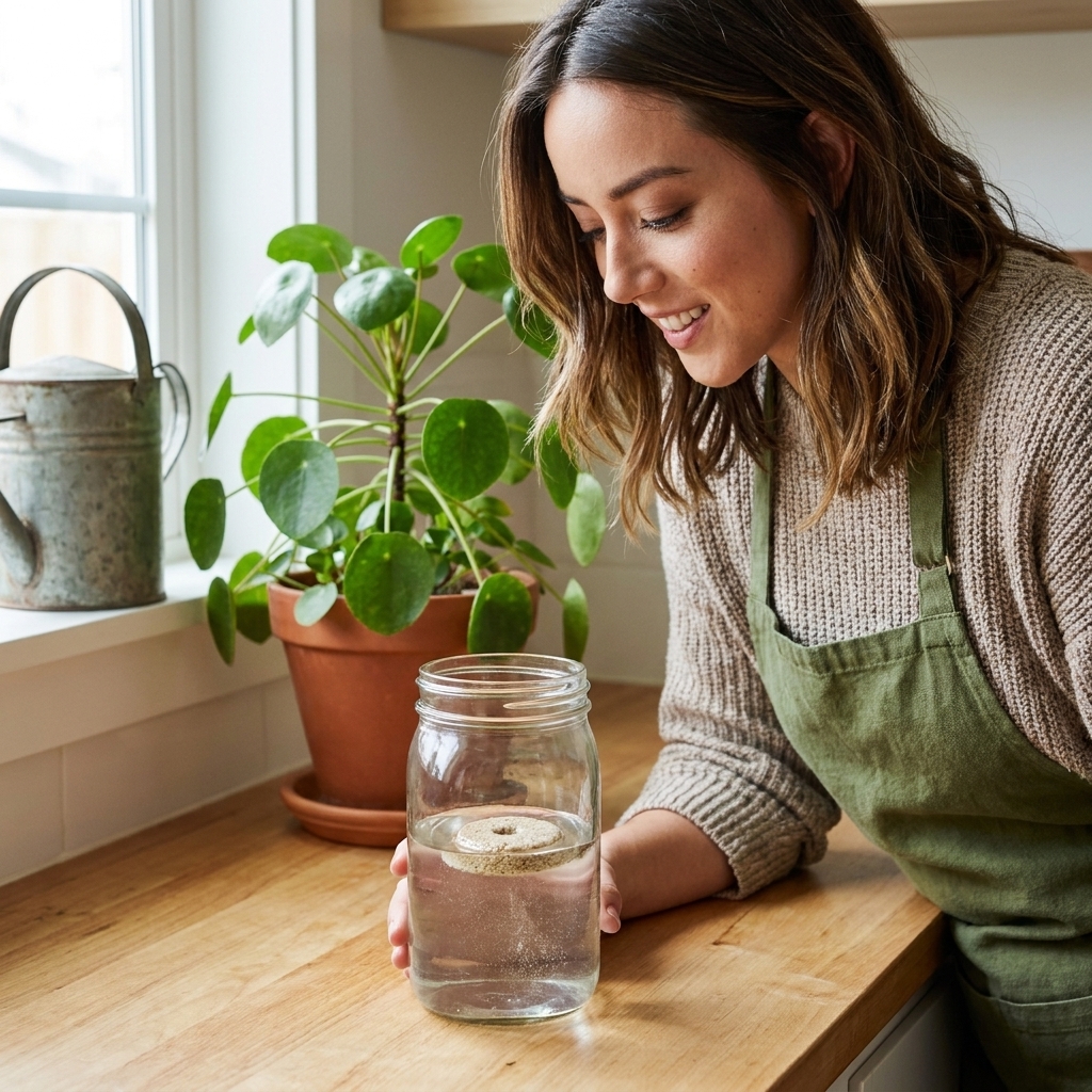 A mosquito dunk sitting in a glass jar of water on a countertop as it soaks, with a houseplant and watering can in the background