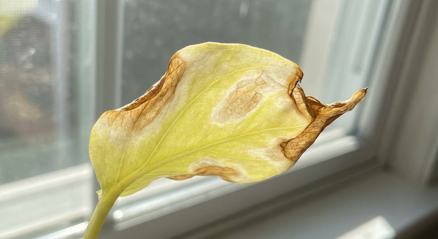 A neon pothos leaf with pale yellow sun-bleached patches and slightly crispy edges near a bright window