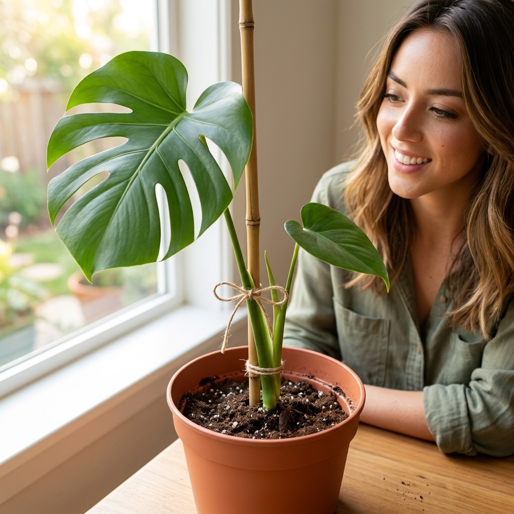 A newly potted Monstera top cutting in a nursery pot with a stake for support, sitting on a table near a bright window