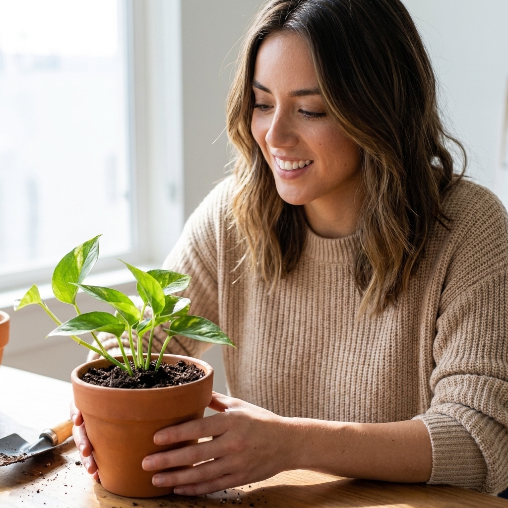 A newly transplanted pothos cutting in a small terracotta pot with fresh soil, sitting on a tabletop near a bright window