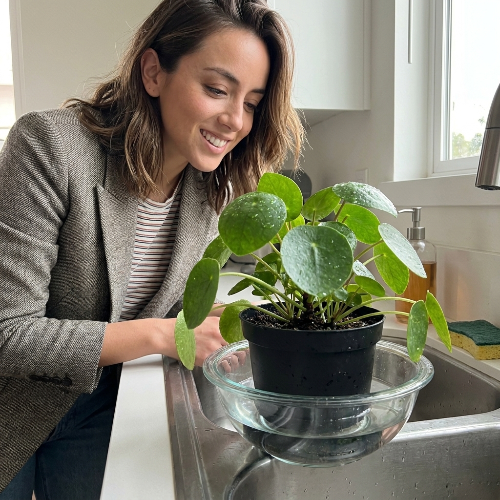 A nursery pot sitting in a bowl of water in a kitchen sink, with a leafy houseplant above it absorbing water from the bottom