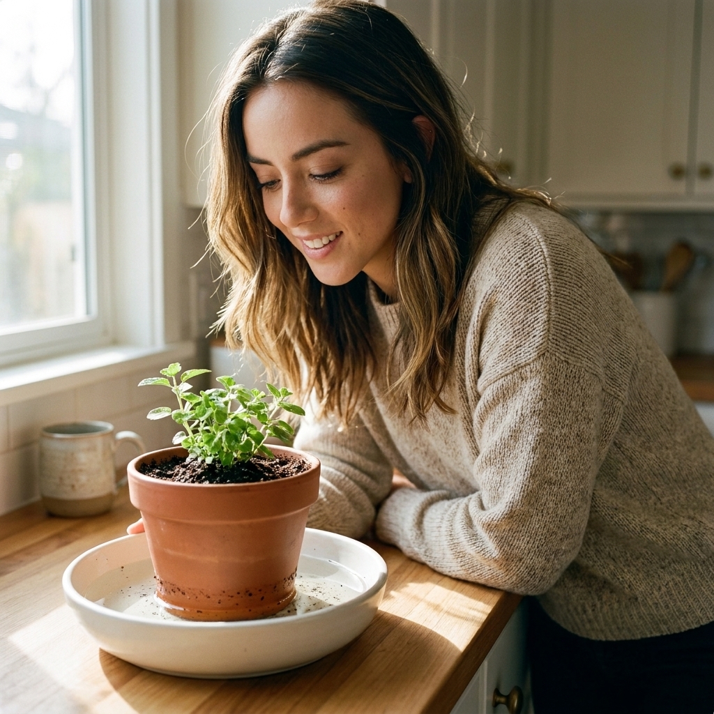 A nursery pot sitting in a shallow bowl of water on a kitchen counter, soaking up water from the bottom