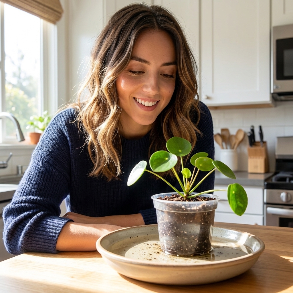 A nursery pot sitting in a shallow tray of water on a kitchen counter as a houseplant is bottom-watered, with sunlight coming through a nearby window