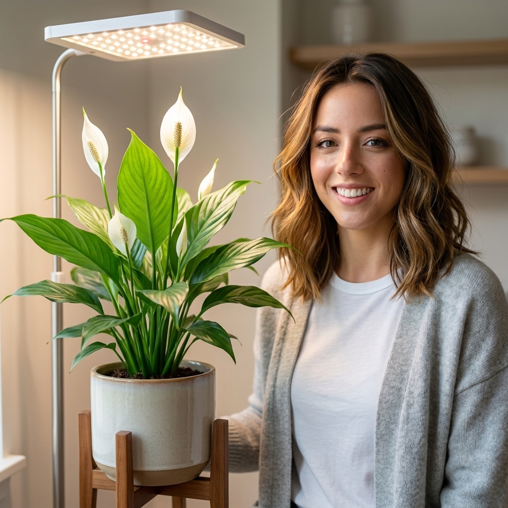 A peace lily on a plant stand under an LED grow light, with upright green leaves and no scorch marks