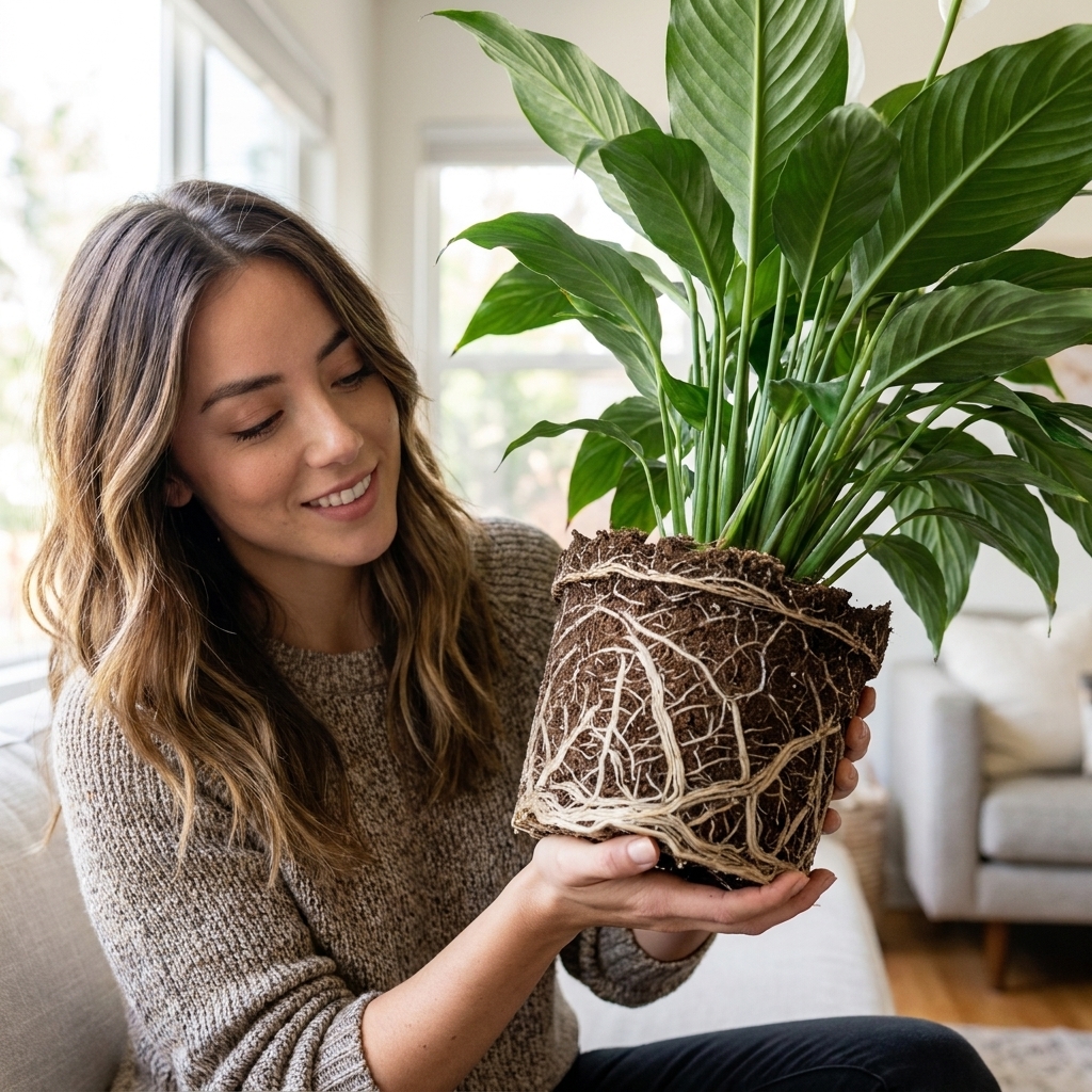 A peace lily removed from its pot showing a dense root ball with roots circling around the outside