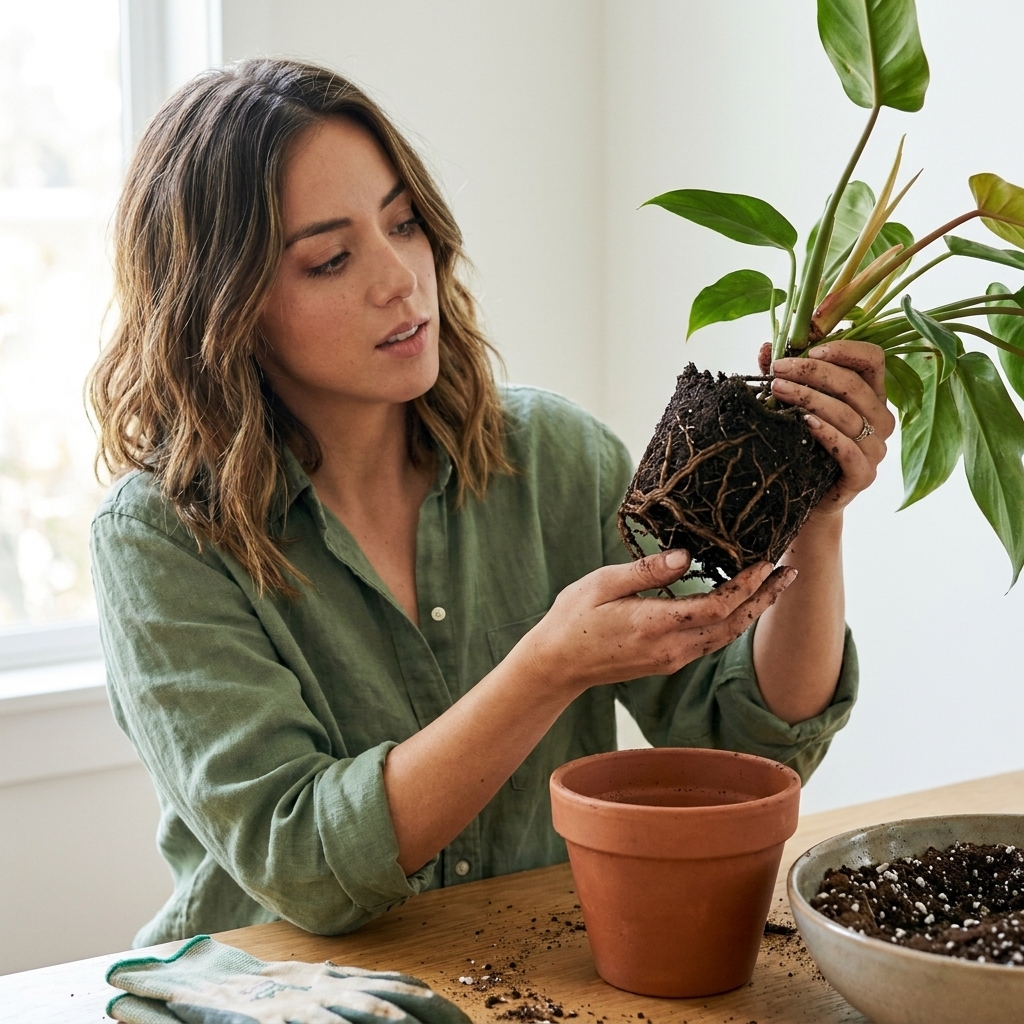A person gently holding a houseplant root ball over a table, with dark mushy roots visible and fresh potting mix nearby