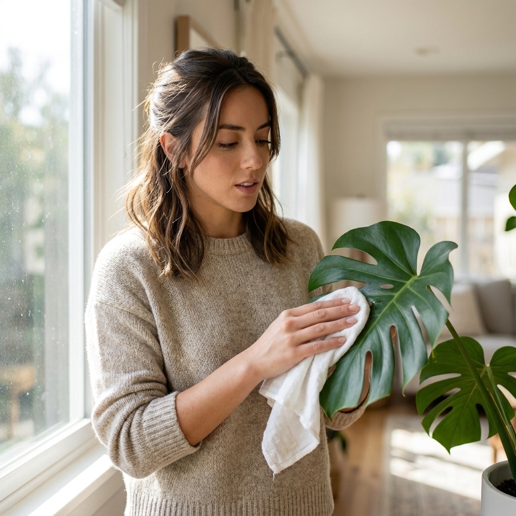 A person gently wiping a large Monstera deliciosa leaf with a soft damp cloth near a bright window