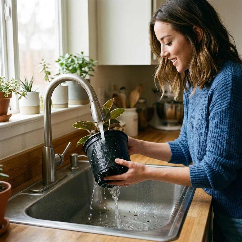 A person holding a nursery pot in a kitchen sink while water runs through the potting soil and drains out the bottom holes