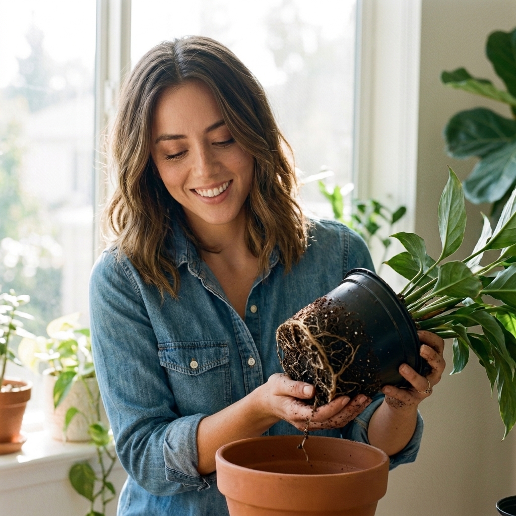 A person holding a plastic nursery pot upside down while gently sliding a houseplant out, revealing the root ball and soil in natural window light