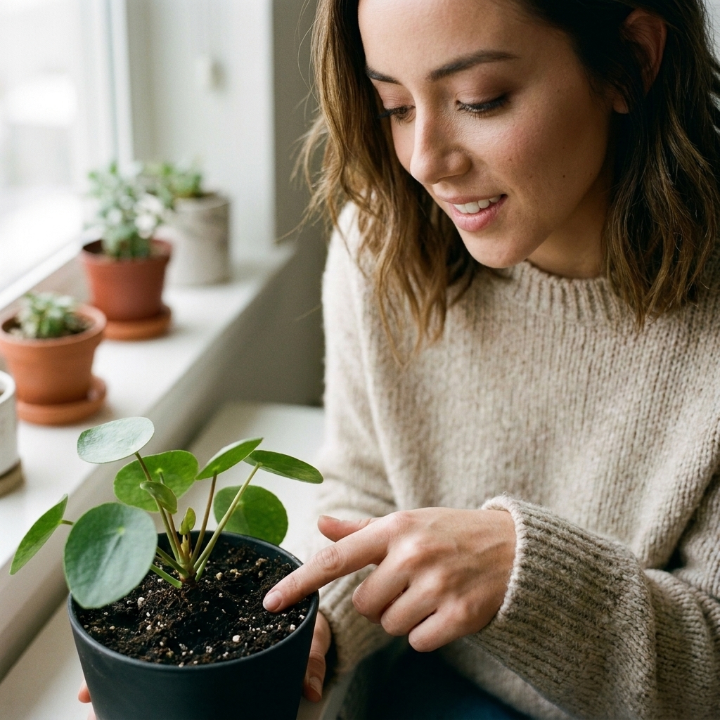 A person pressing a finger into the potting soil of a small indoor plant to check moisture level