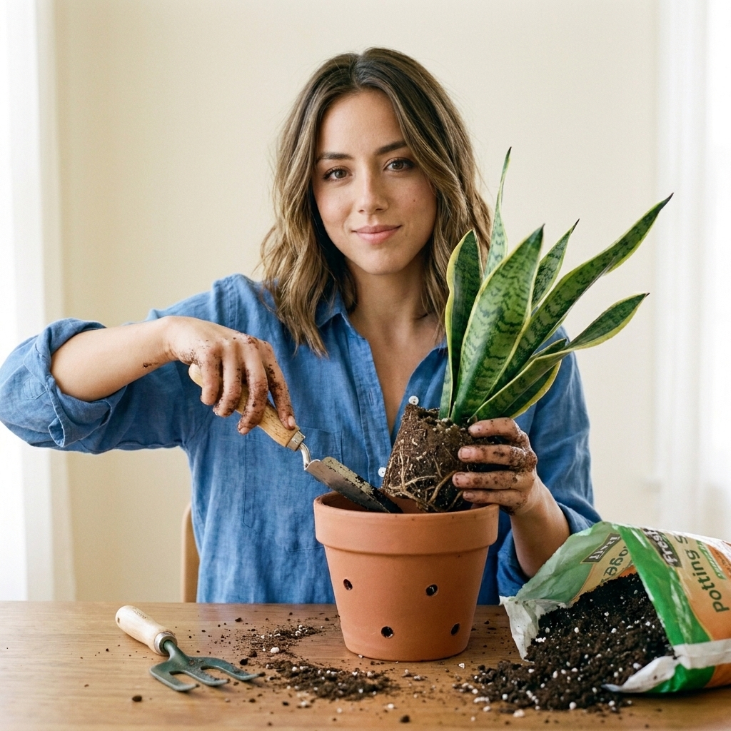 A person repotting a healthy indoor plant on a table, with fresh potting mix and a pot with drainage holes visible