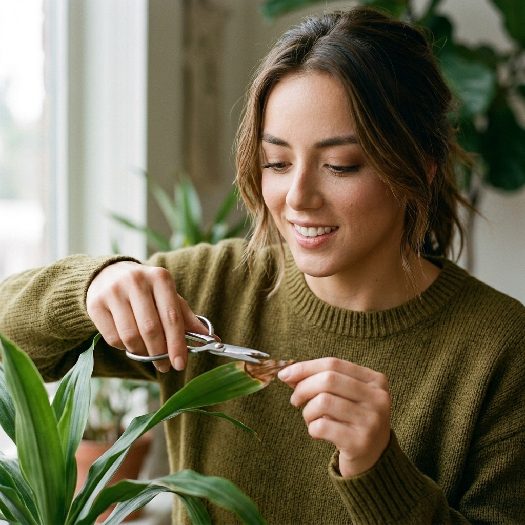 A person using clean scissors to trim a small brown, crispy tip off a green houseplant leaf