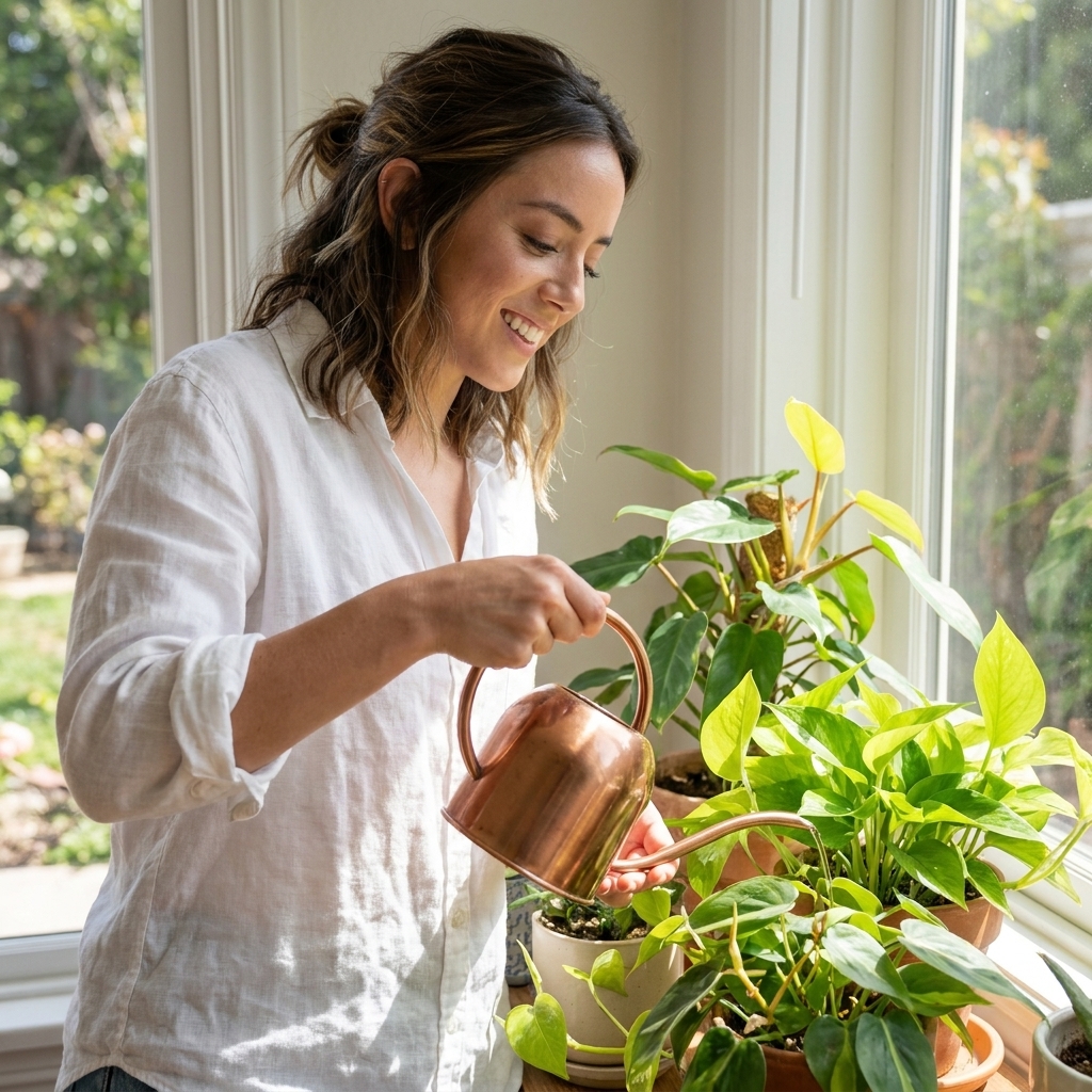 A person watering a cluster of healthy houseplants on a bright windowsill, with new spring growth visible on pothos and philodendron leaves