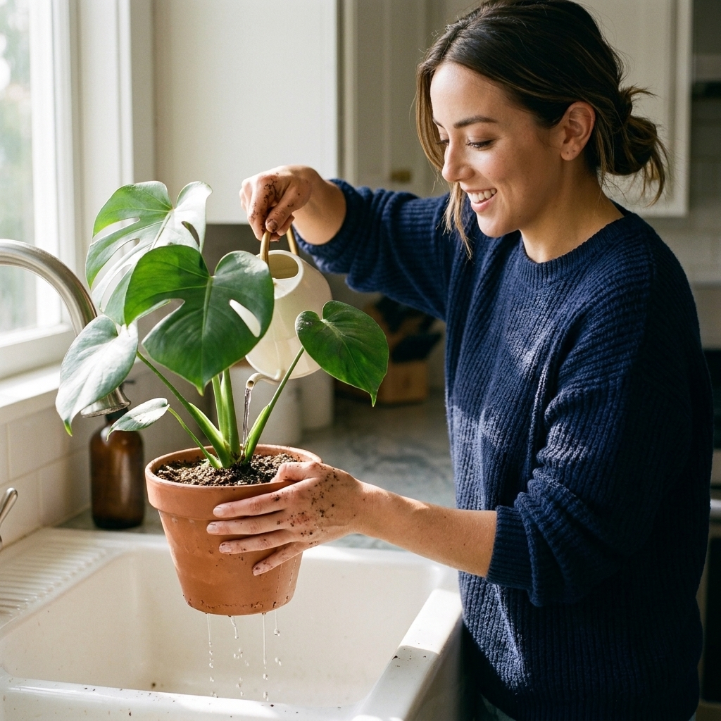 A person watering a freshly repotted houseplant in a sink while water drains from the bottom of the pot