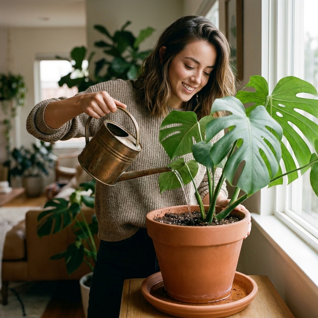 A person watering a leafy houseplant in a terracotta pot with a small watering can, water visibly soaking the soil and draining into a saucer
