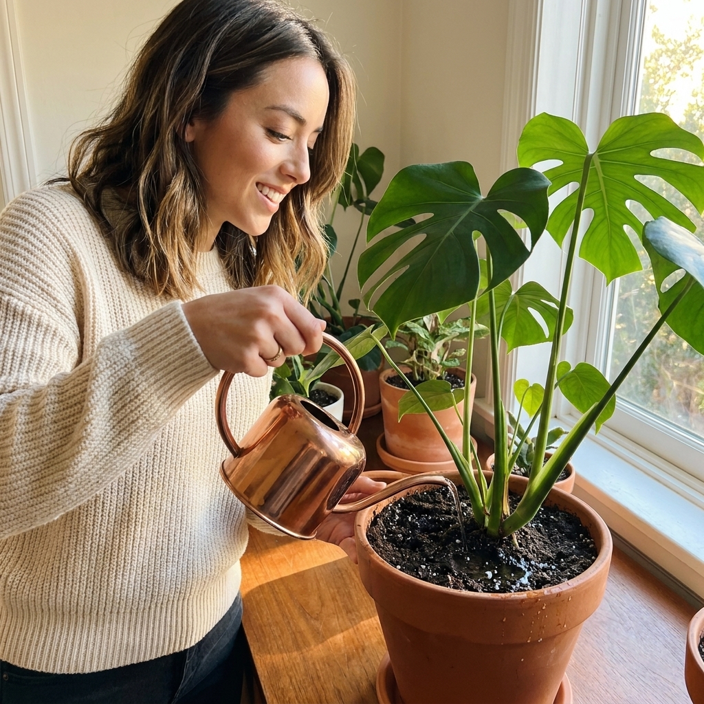 A person watering a leafy houseplant with a small watering can on a bright indoor table, with the potting mix visibly damp