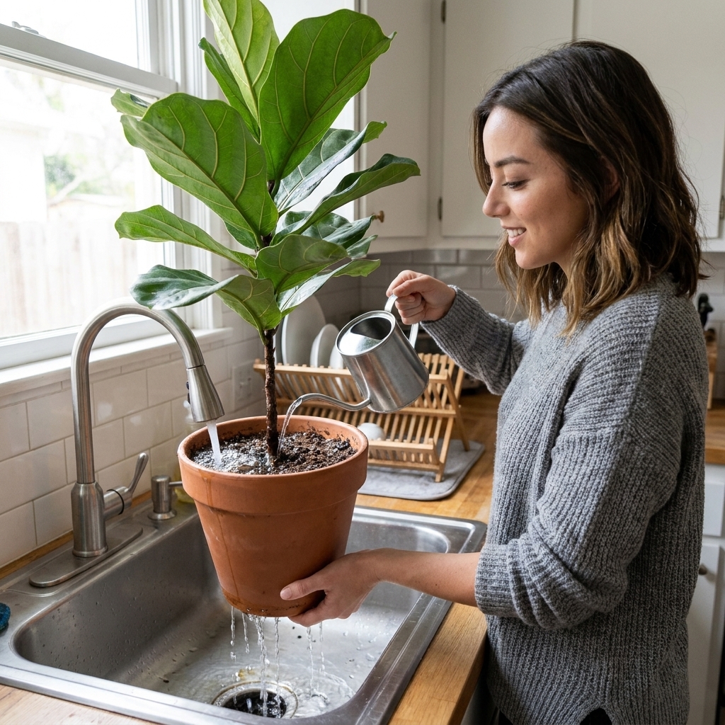A person watering a potted indoor plant in a kitchen sink, with water flowing through the drainage holes and the leaves visible above the pot