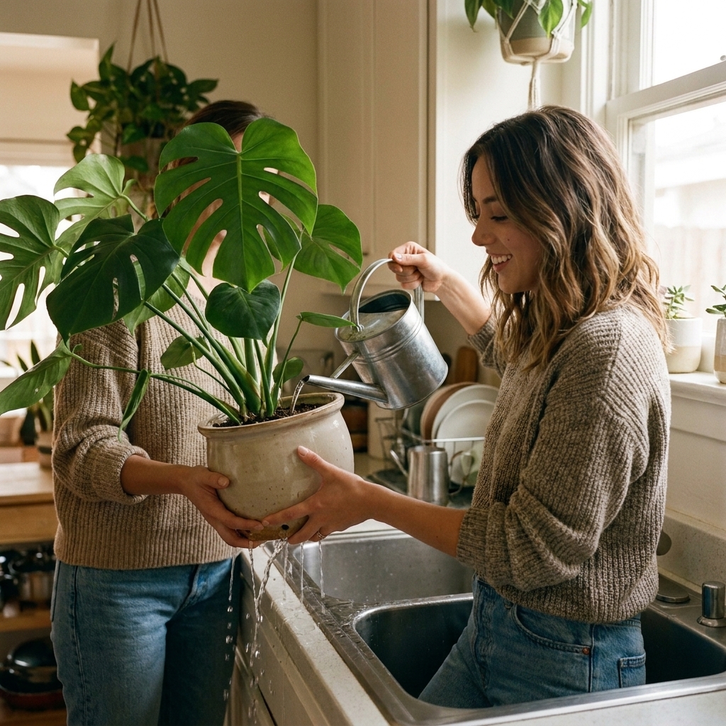 A person watering a potted monstera in a kitchen sink, with water flowing out of the drainage holes