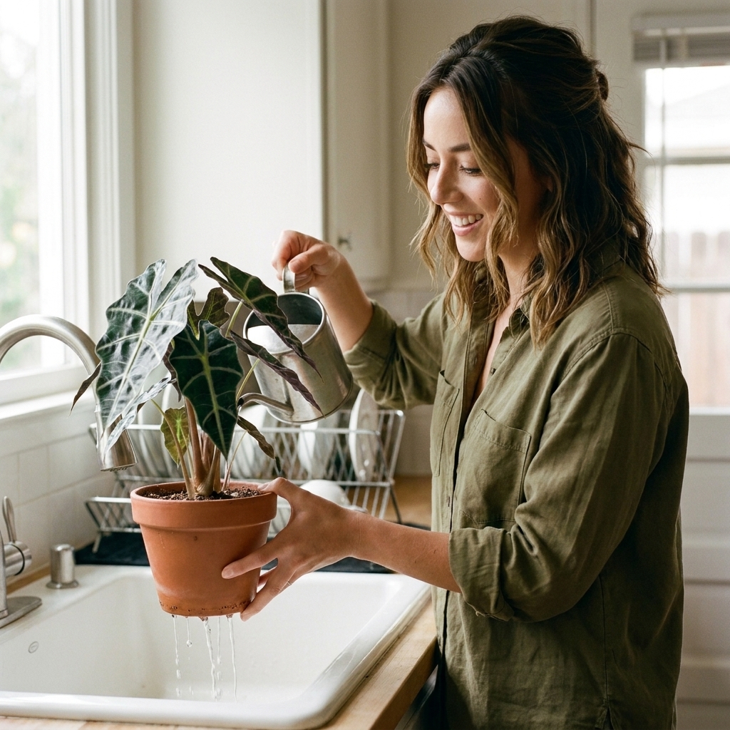 A person watering an Alocasia Polly in a sink, with water draining freely from the bottom drainage holes