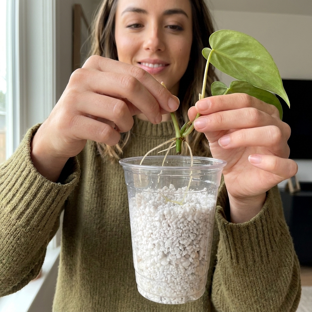 A philodendron cutting being lifted from damp perlite in a clear cup, showing several thin white roots threading between the perlite pieces