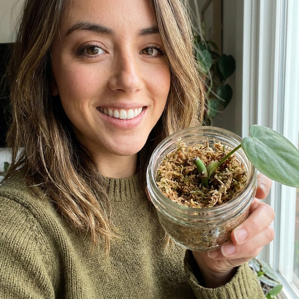 A philodendron cutting with a visible node gently tucked into fluffy, damp sphagnum moss inside a small clear container