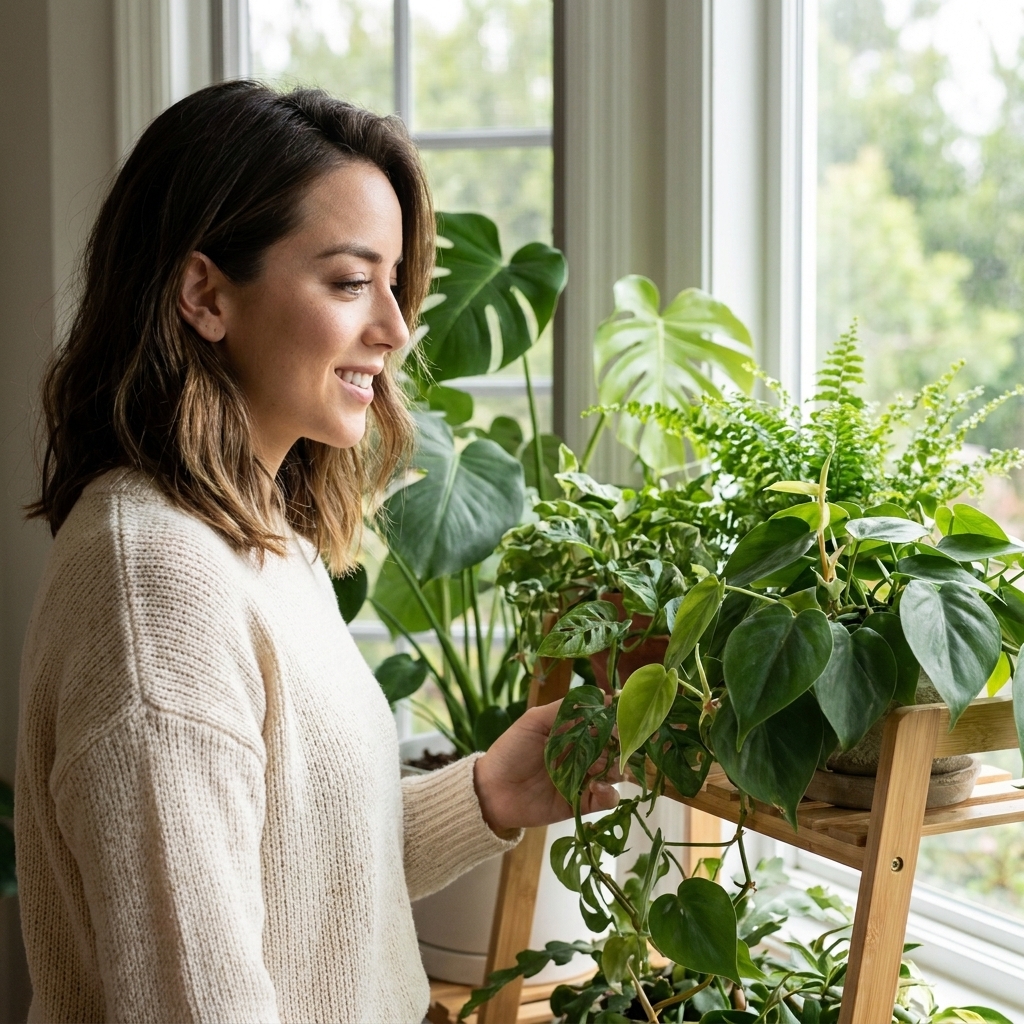 A photo of a leafy, bushy collection of indoor houseplants on a plant stand near a bright window with soft natural light