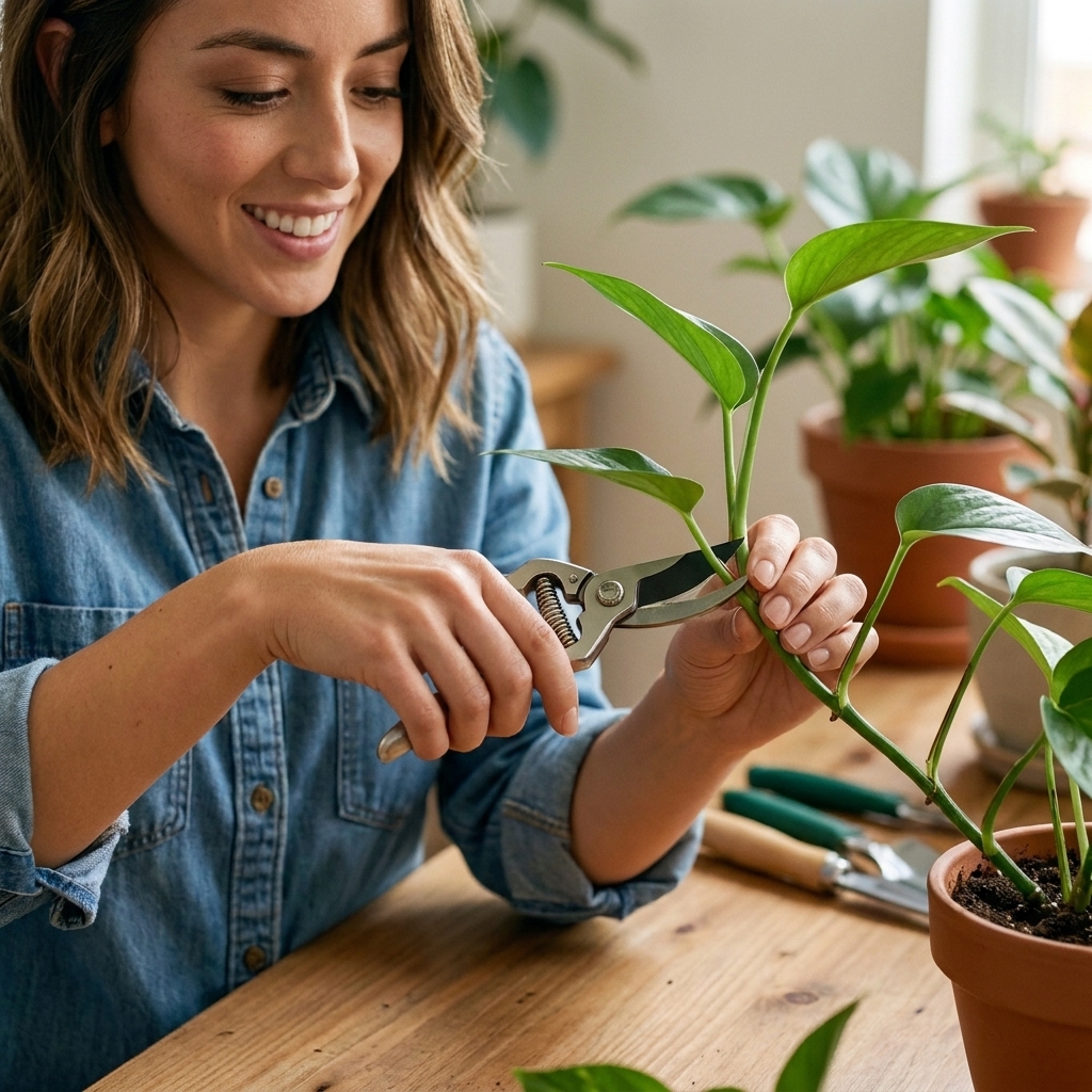 A photo of clean pruning shears making a precise cut on a green houseplant stem just above a leaf node on a tabletop