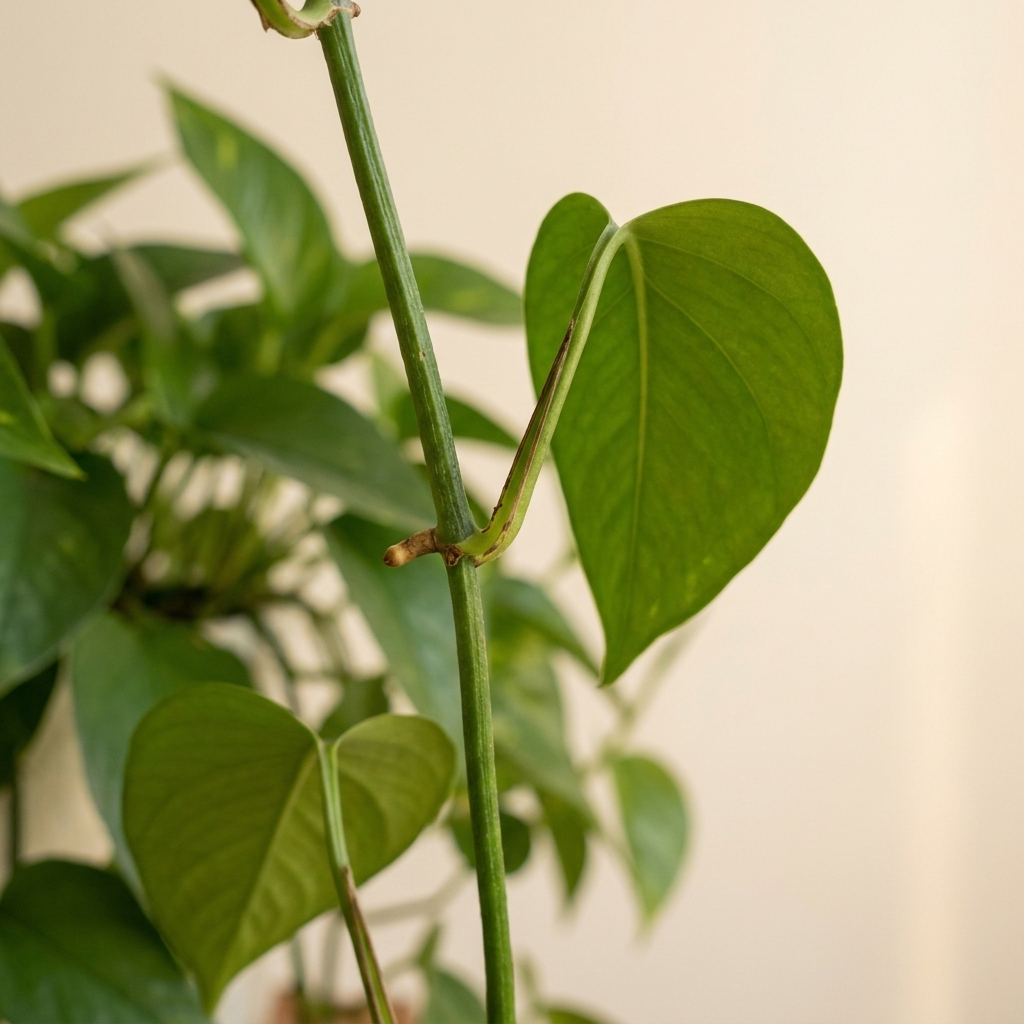 A photograph of a pothos vine showing a node where a leaf meets the stem, with a small aerial root nub visible