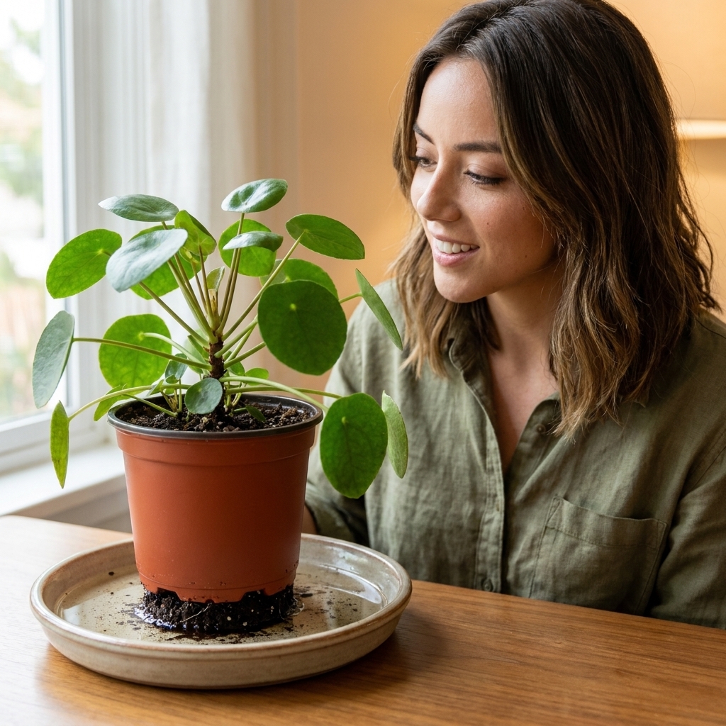 A plastic nursery pot with a leafy houseplant sitting in a shallow tray of water, showing water wicking up through the drainage holes