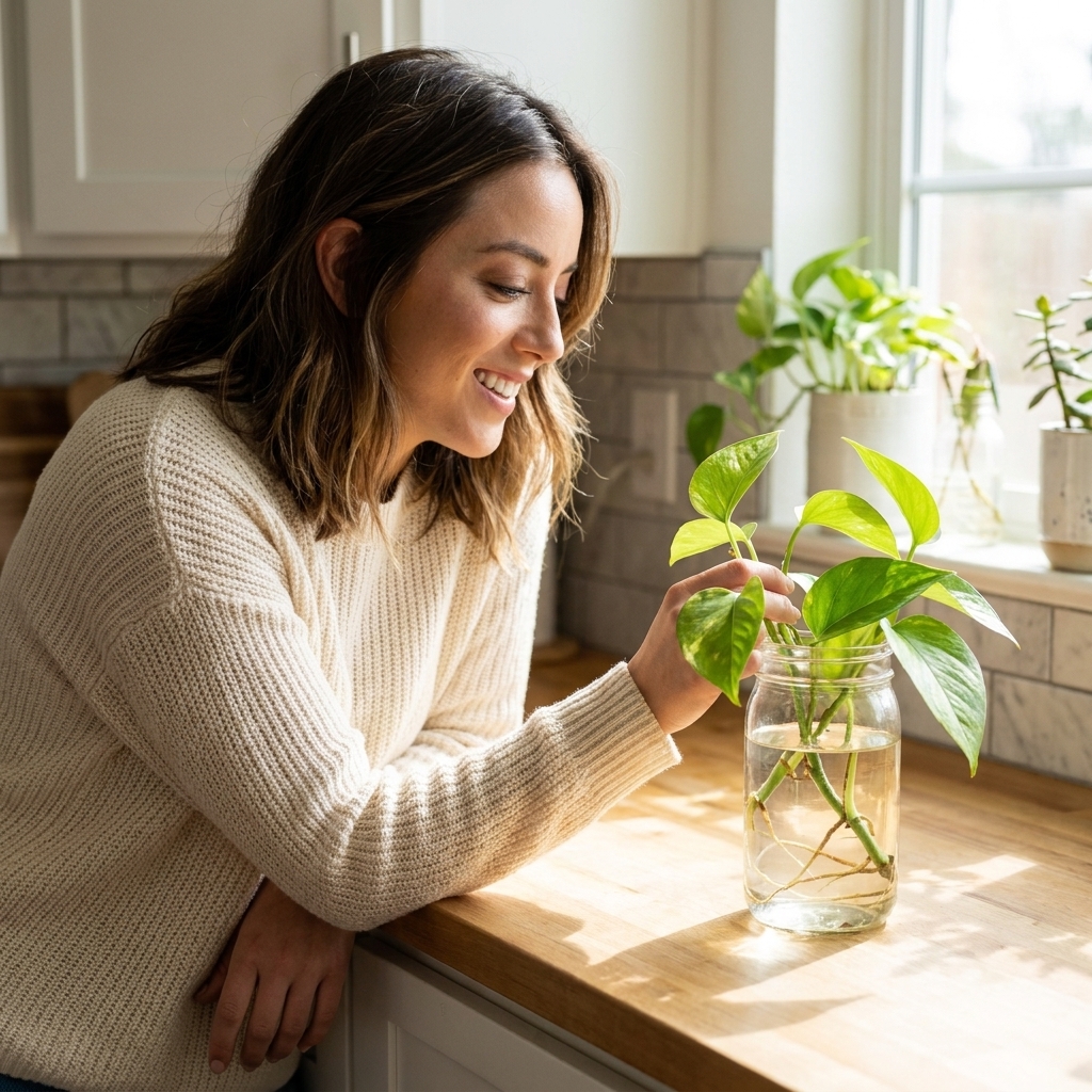 A pothos cutting with a visible node and small roots growing in a clear glass jar of water on a sunny kitchen counter