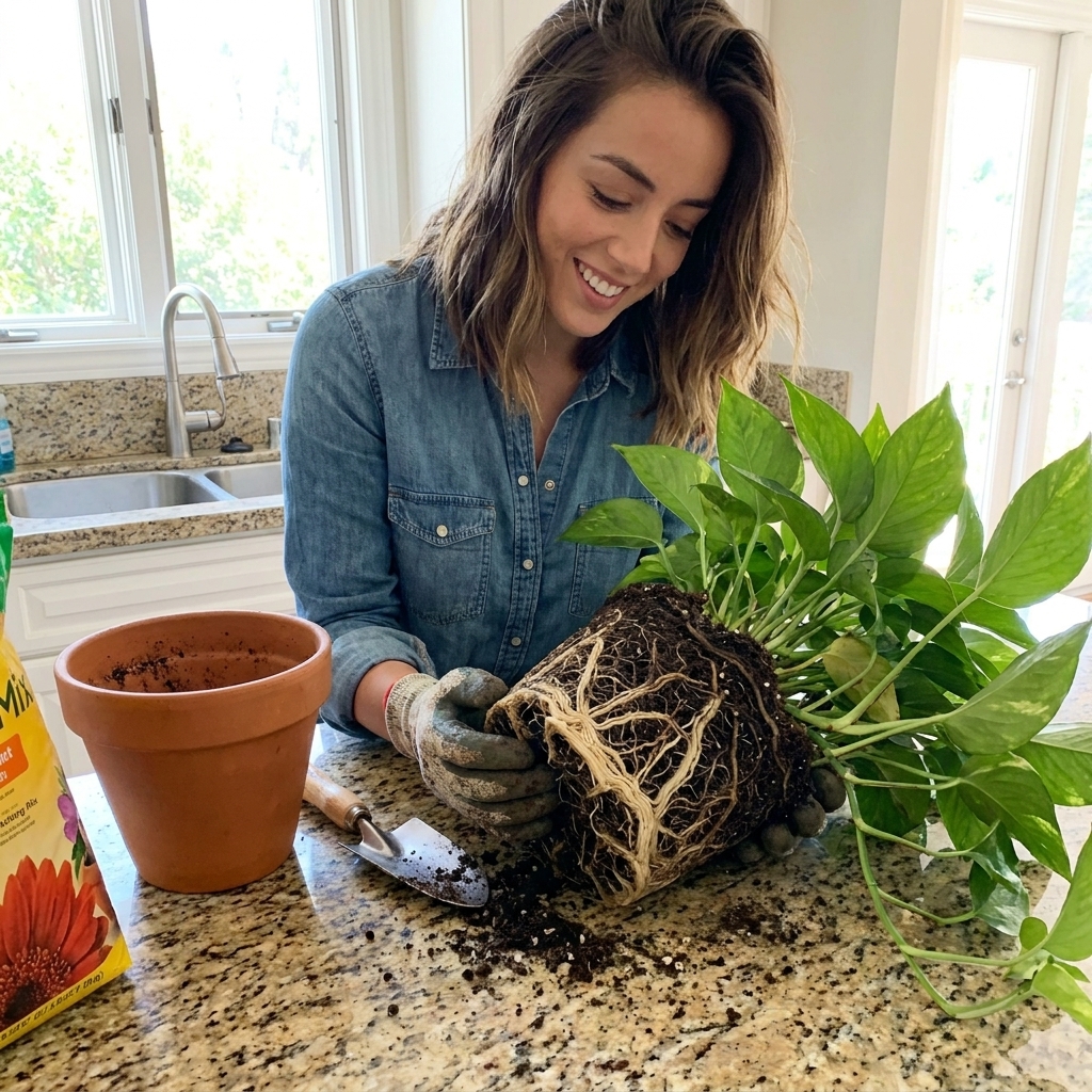 A pothos plant removed from its pot on a kitchen counter, showing dark mushy roots alongside healthy pale roots, indoor houseplant care scene