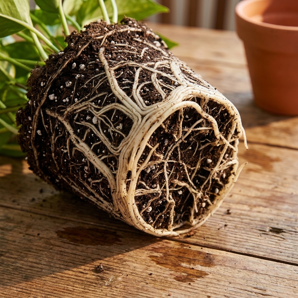 A pothos plant root ball with firm white roots visible after being removed from a nursery pot, resting on a wooden table