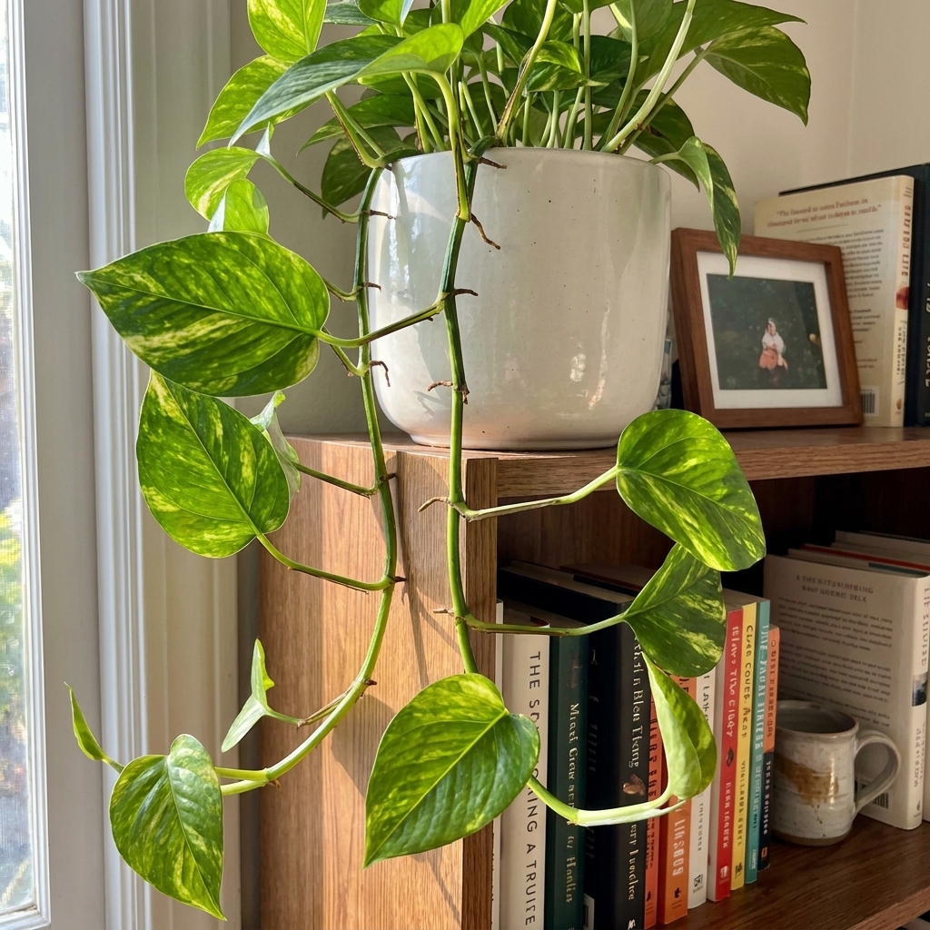 A pothos vine with thick glossy leaves trailing from a white pot on a bookshelf, showing visible nodes and aerial roots