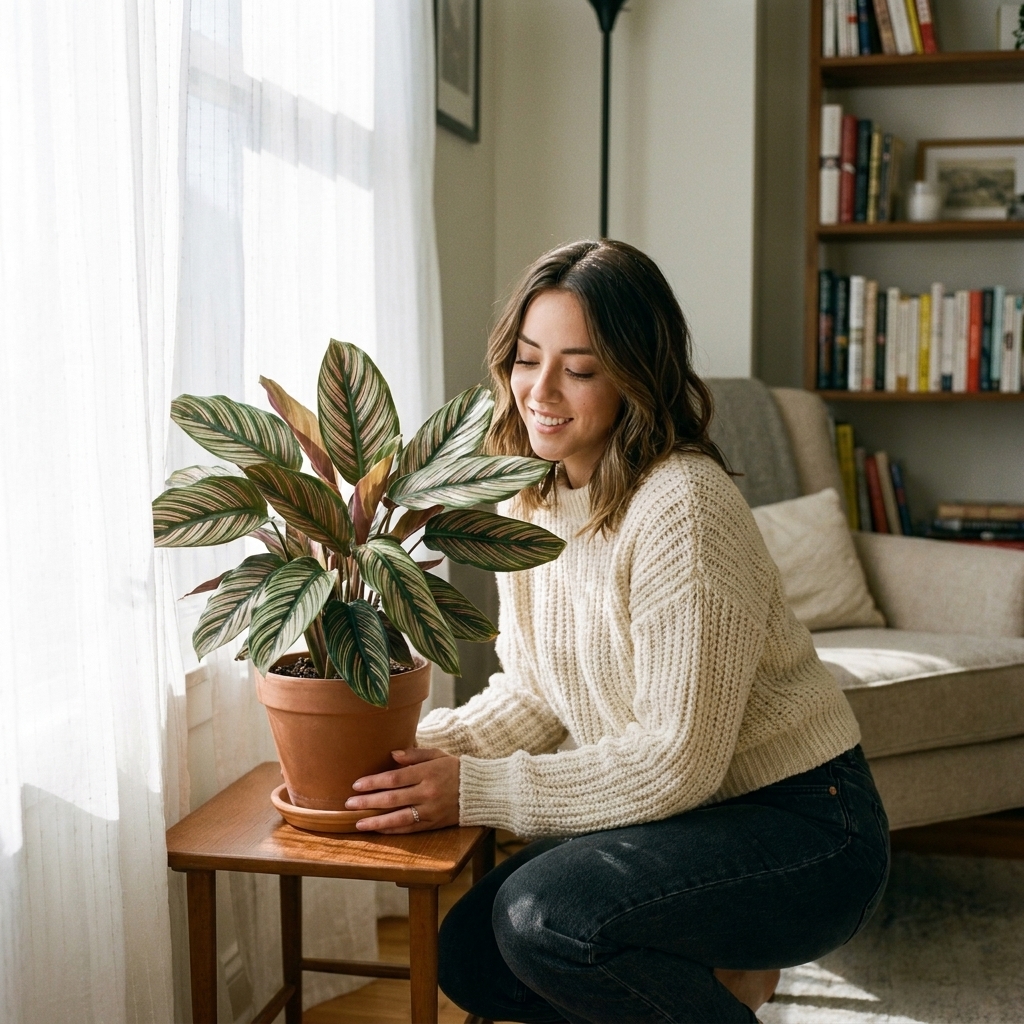 A potted Calathea with patterned leaves placed a few feet from a bright window with a sheer curtain diffusing the sunlight, cozy apartment setting