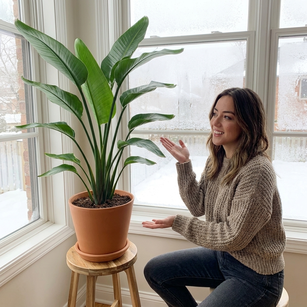 A potted tropical houseplant placed a short distance back from a drafty winter window, showing how moving plants away from cold glass reduces chill