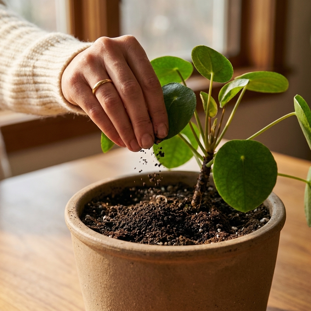 A real photograph of a hand sprinkling worm castings onto the surface of a potted houseplant, with dark potting mix visible in a simple ceramic pot