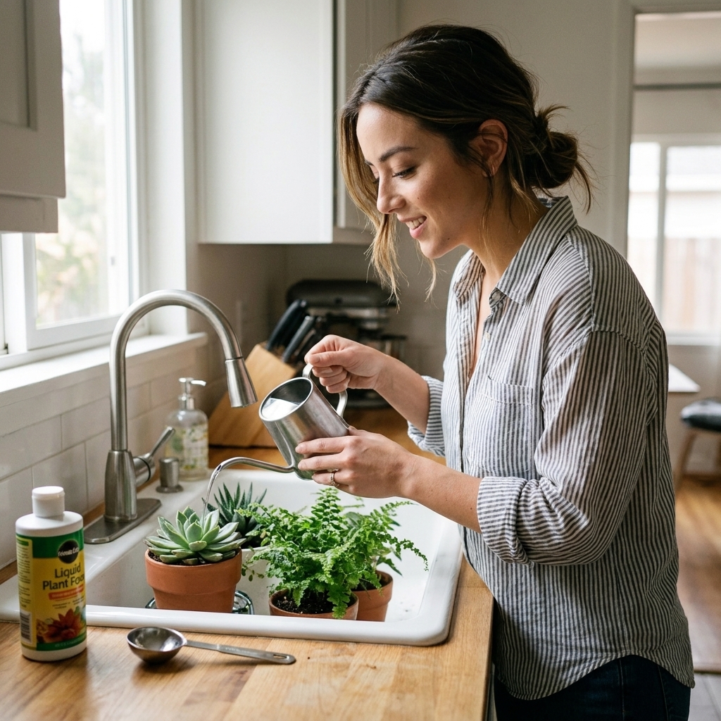A real photograph of someone watering a group of small houseplants at a kitchen sink, with a measuring spoon and liquid fertilizer nearby