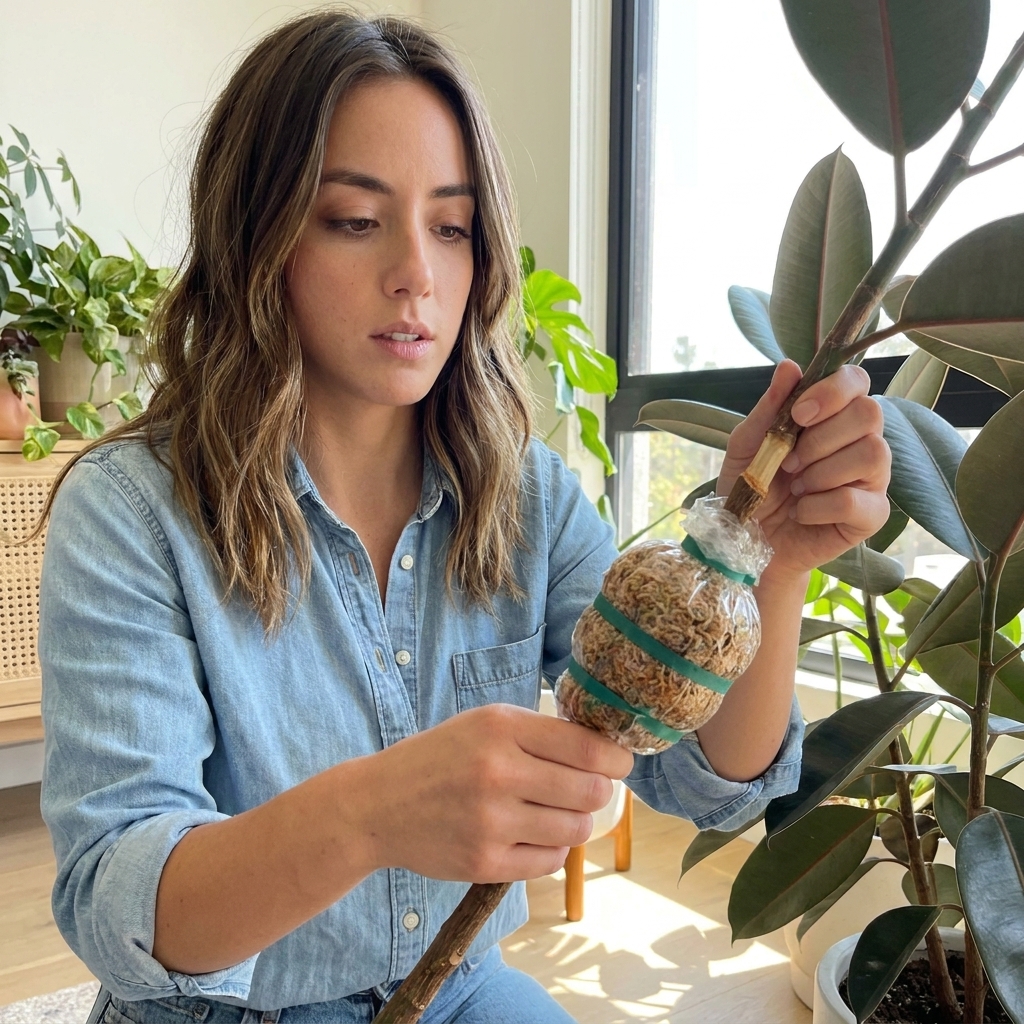 A rubber plant branch with a ring of bark removed and a tightly wrapped moss ball covered in plastic, secured with plant ties in an indoor setting