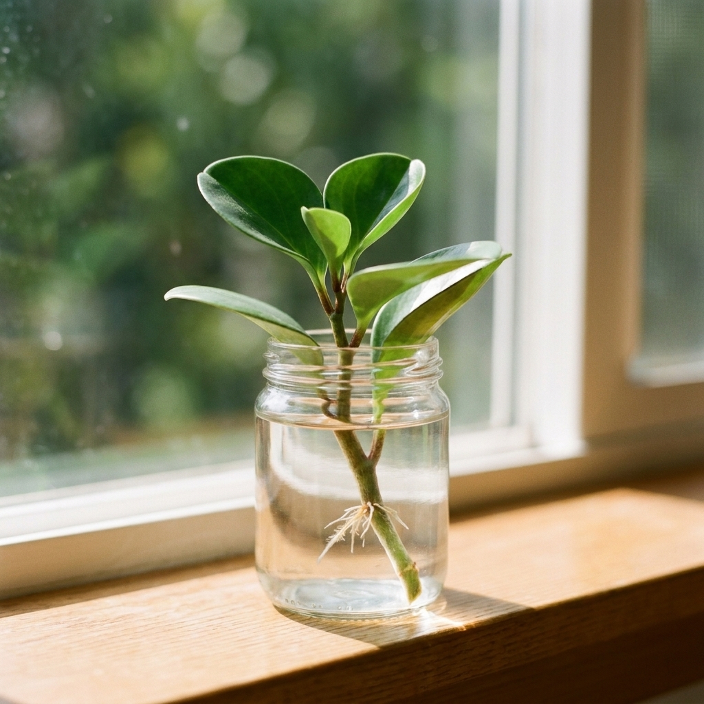 A single Peperomia obtusifolia stem cutting rooting in a clear glass of water on a windowsill, with small white roots forming