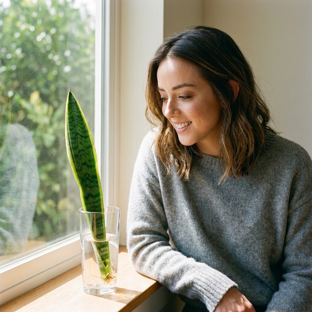 A single snake plant leaf cutting sitting in a clear glass with the bottom end submerged in water on a windowsill