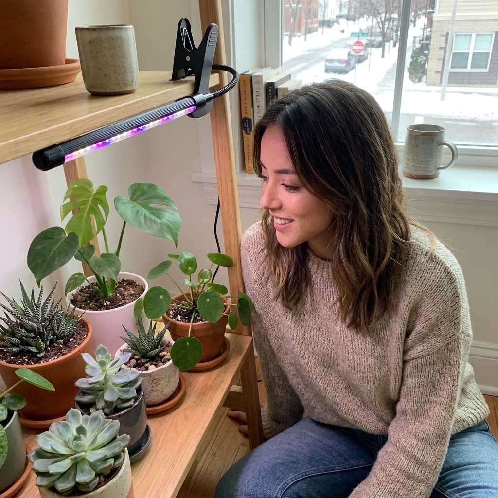 A small LED grow light shining on a cluster of houseplants on a shelf in an apartment, showing a practical winter lighting setup