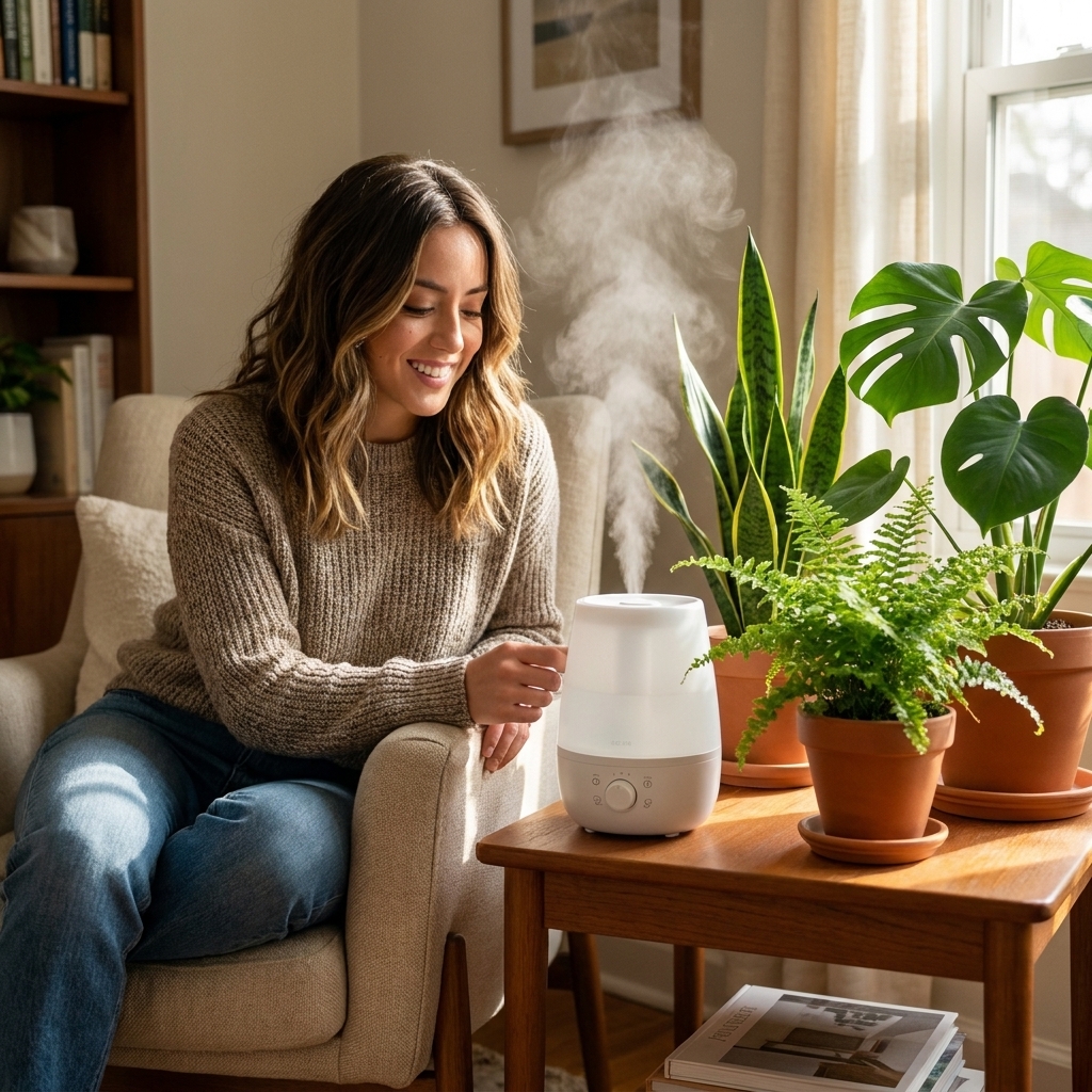 A small cool-mist humidifier running on a side table next to several leafy houseplants in a living room