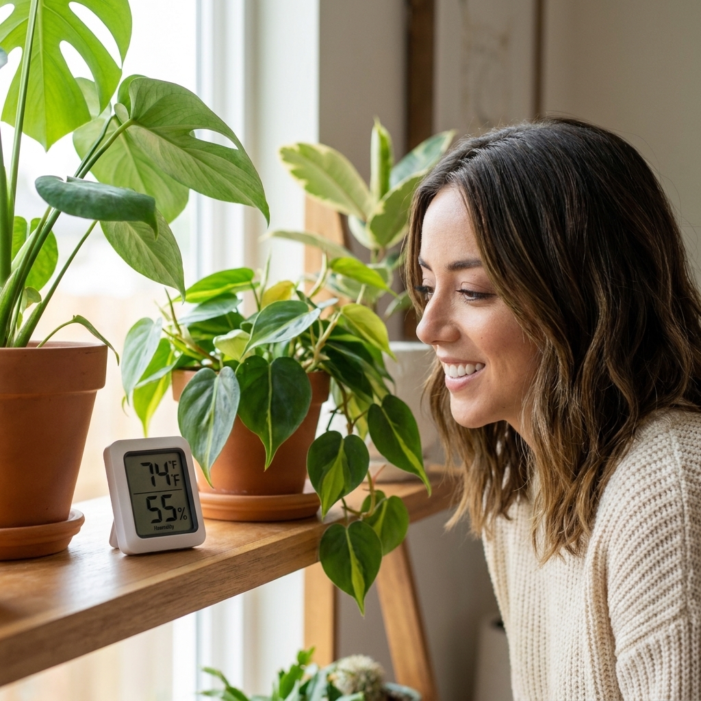 A small digital hygrometer sitting on a shelf next to potted tropical houseplants, showing indoor temperature and humidity