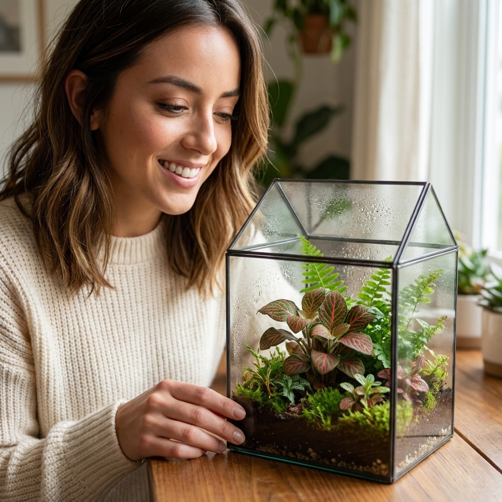 A small glass terrarium on a table holding a Fittonia and other tiny tropical plants, with condensation lightly fogging the glass