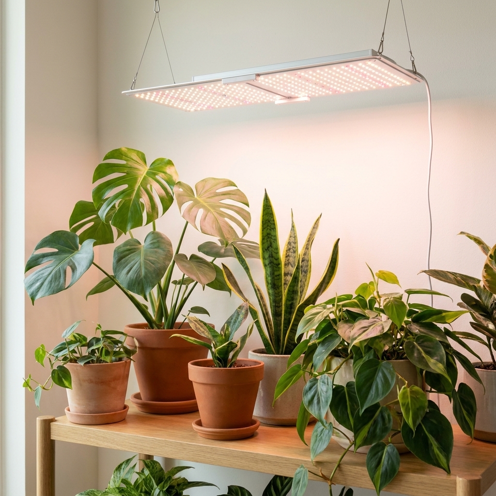 A small houseplant shelf near a wall with a simple LED grow light shining down onto several leafy plants in pots