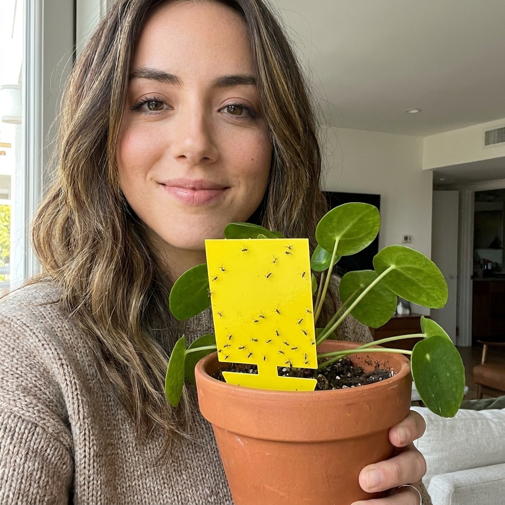 A small indoor plant pot with a yellow sticky trap inserted into the soil, catching several tiny black fungus gnats
