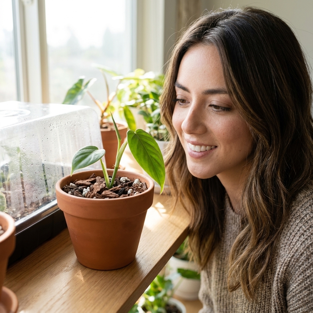 A small nursery pot filled with a chunky potting mix holding a philodendron cutting, with a clear humidity dome nearby on a bright shelf