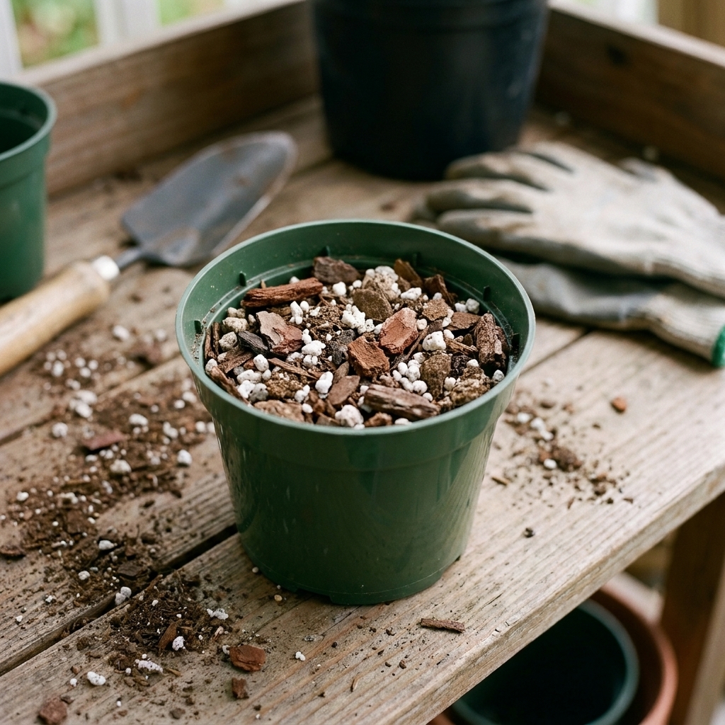 A small plastic nursery pot filled with chunky potting mix containing bark and perlite on a potting bench