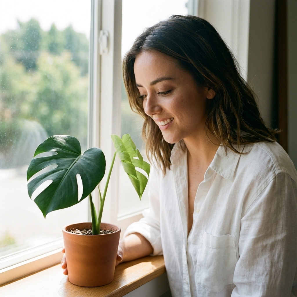 A small potted monstera cutting with a fresh unfurling leaf in bright indirect light near a window